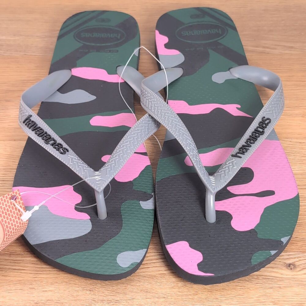 Havaianas Mens 11-12 EU 45-46 Thong Flip Flops Camo Green Pink Rubber Brazil NWT